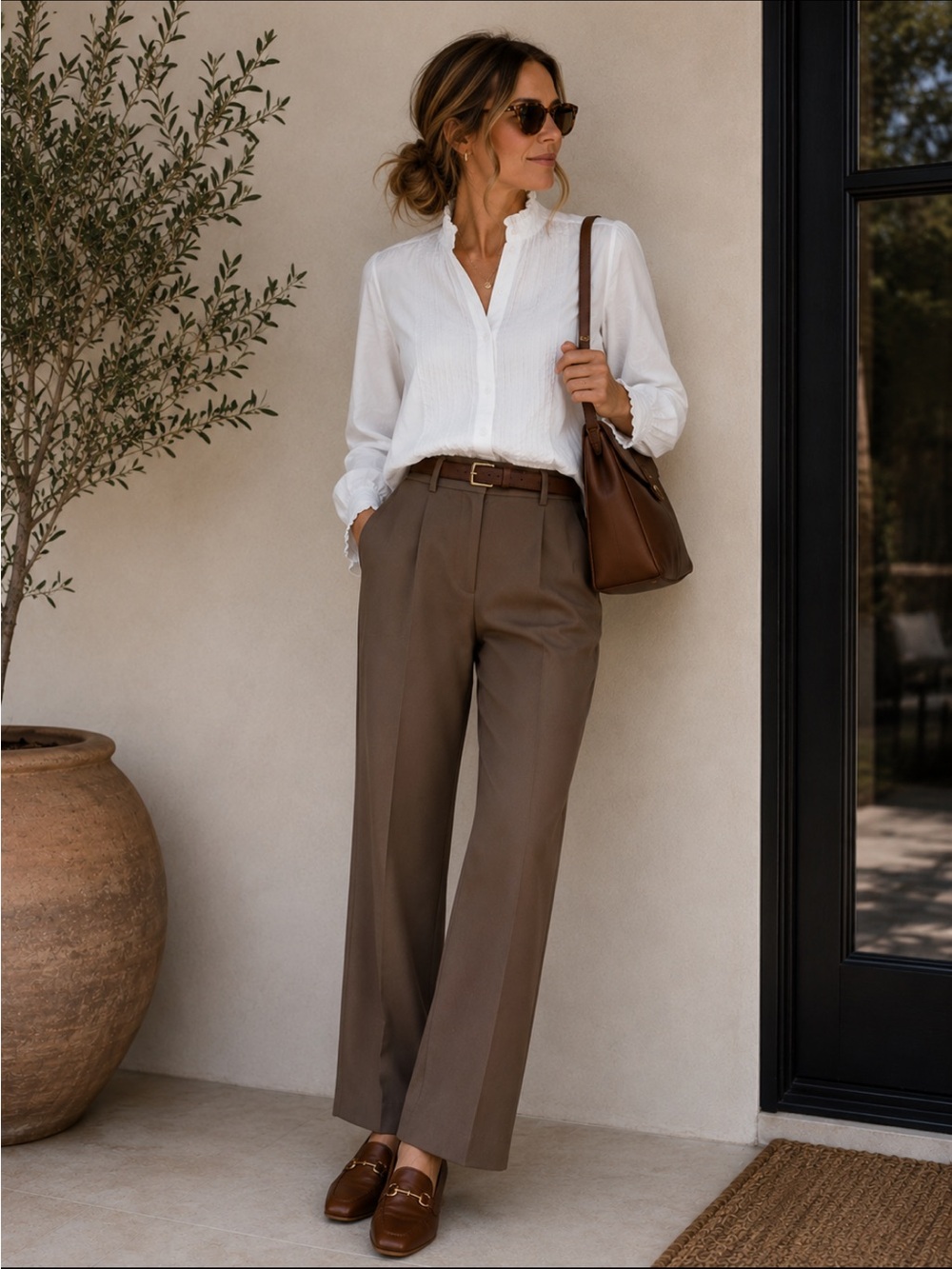 Part Two White Linen Button-Down Blouse with Ruffled Collar